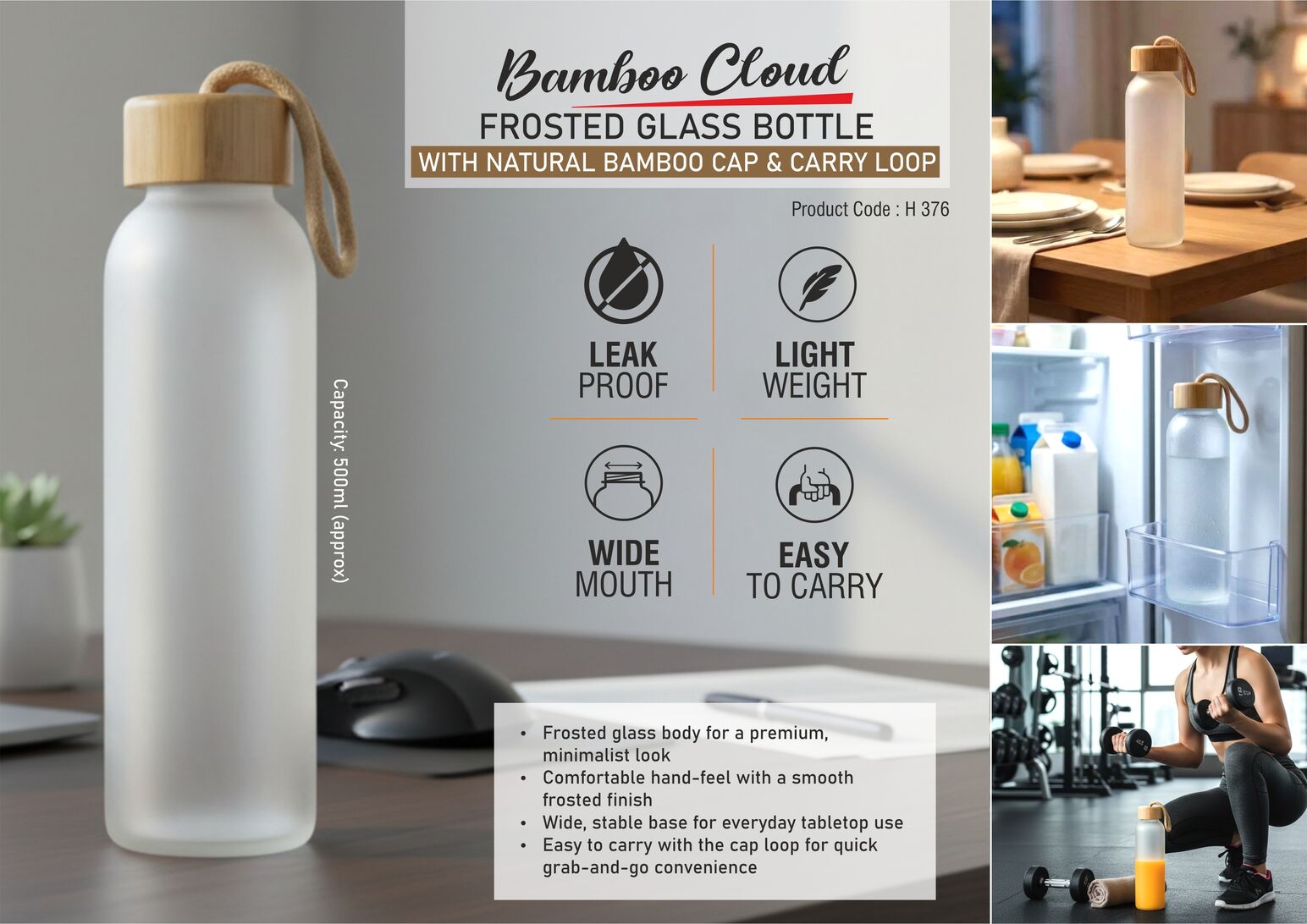 BambooCloud: Frosted Glass Bottle with Natural Bamboo Cap & Carry Loop | Capacity 500ml (approx)
