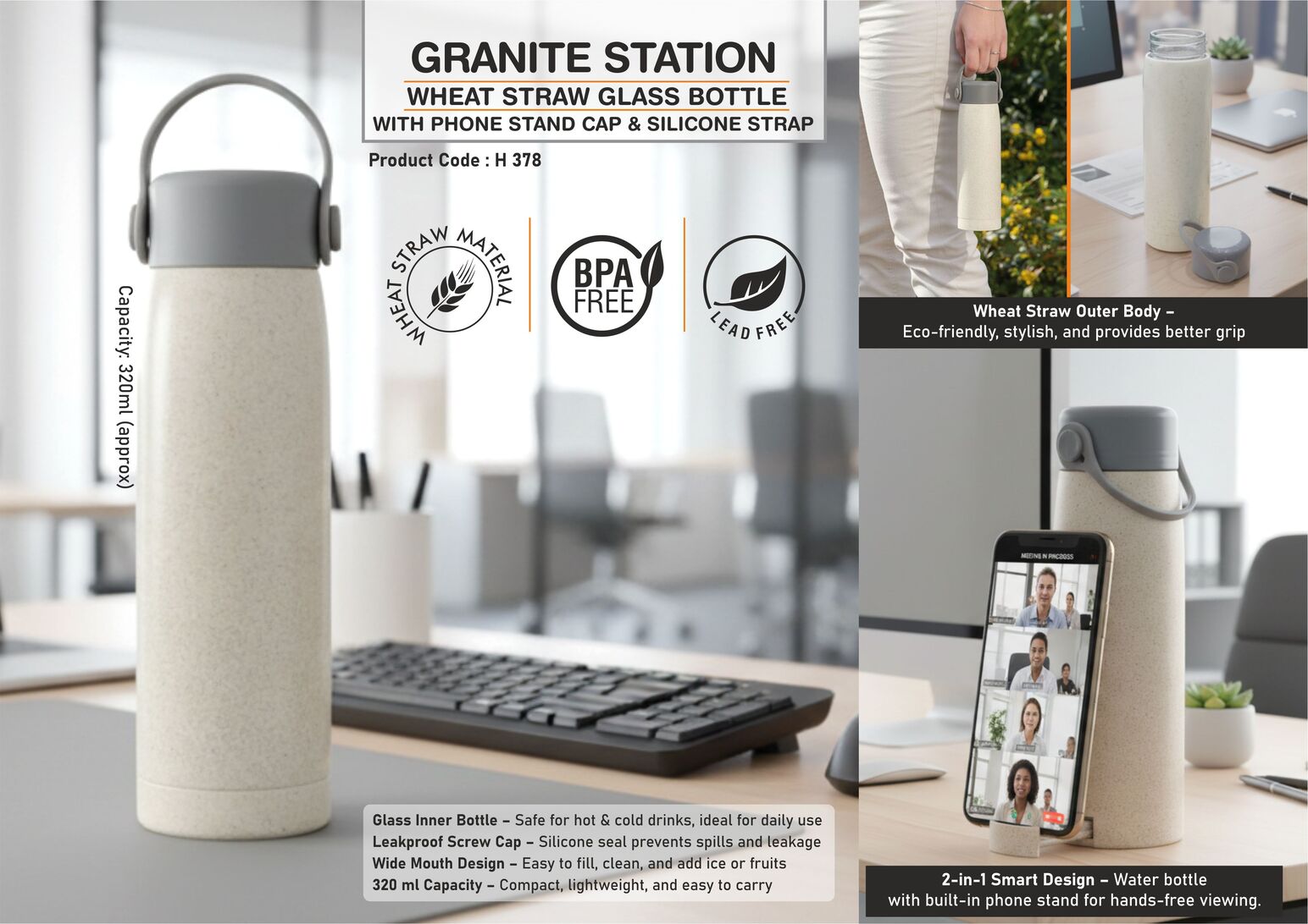 GraniteStation: Wheat straw Glass Bottle with Phone Stand Cap & Silicone Strap | Capacity 315ml (approx)