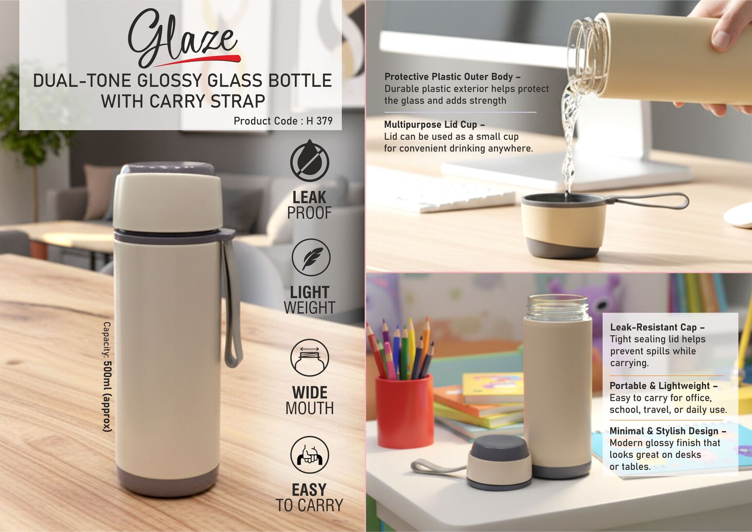 Glaze: Dual-Tone Glossy Glass Bottle with Carry Strap | Capacity 500ml (approx)