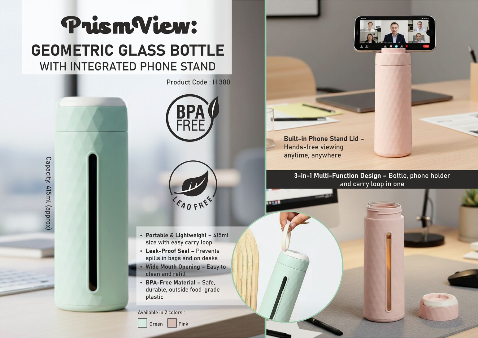 PrismView: Geometric Glass Bottle with Integrated Phone Stand | Capacity 415ml (approx)