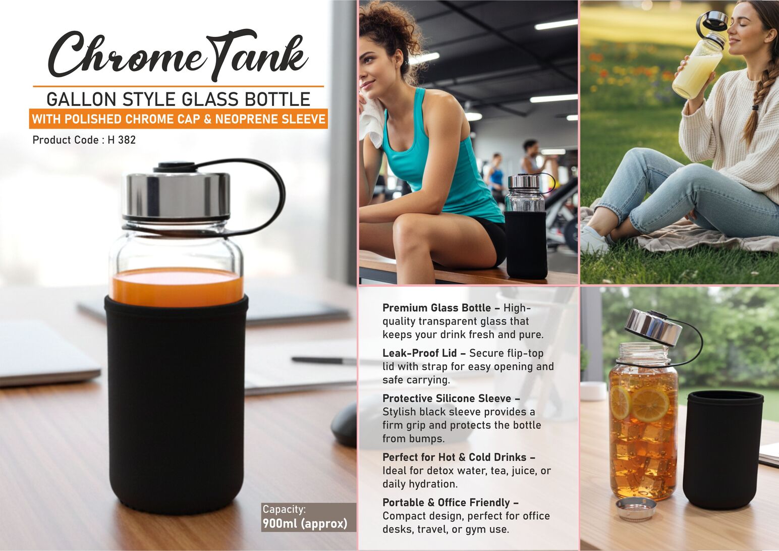 ChromeTank: Gallon style Glass Bottle with Polished Chrome Cap & Neoprene Sleeve | Capacity 900ml (approx)