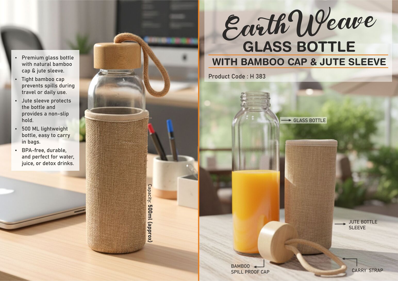EarthWeave: Glass Bottle with Bamboo Cap & Jute Sleeve | Capacity 500ml (approx)