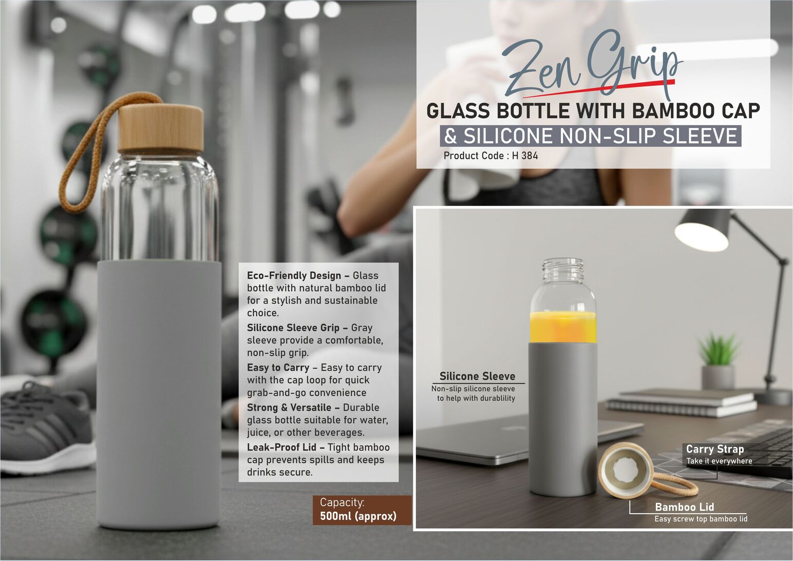 ZenGrip: Glass Bottle with Bamboo Cap & Silicone Non-Slip Sleeve | Capacity 500ml (approx)