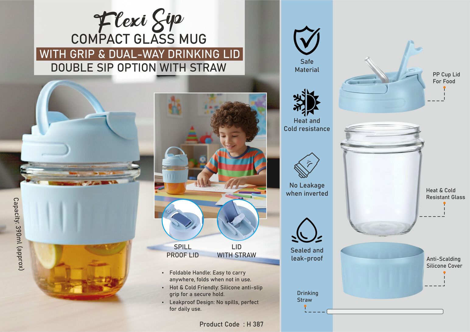 FlexiSip: Compact Glass Mug with Grip & Dual-Way Drinking Lid | Double sip option with straw | Capacity 390ml (approx)