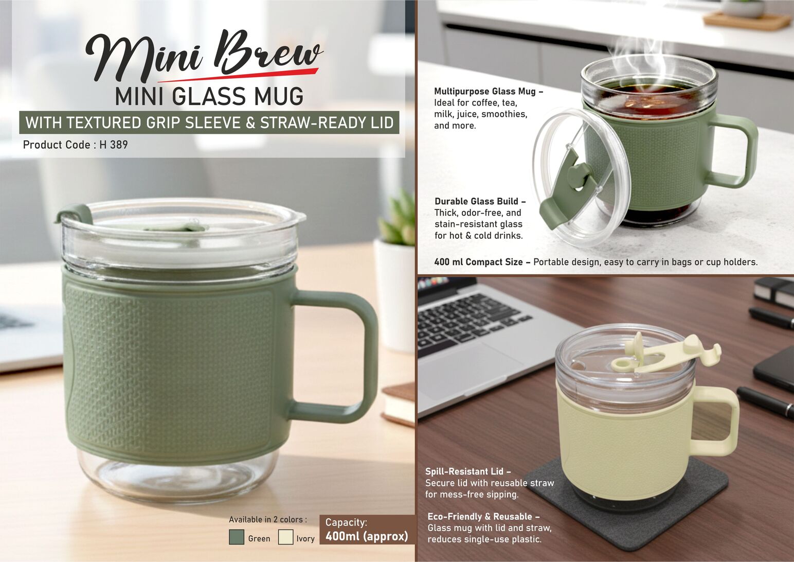 MiniBrew: Mini Glass Mug with Textured Grip Sleeve & Straw-Ready Lid | Double sip option | Capacity 400ml (approx)
