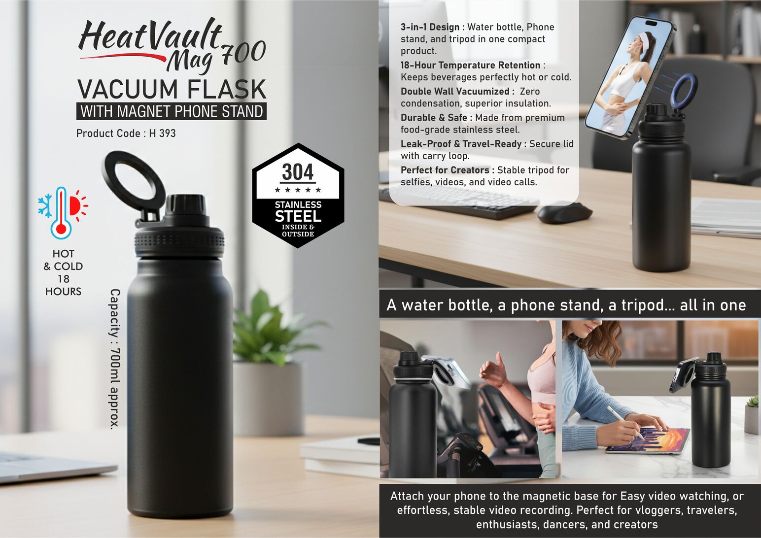 HeatVault Mag 700: Vacuum flask with Magnet phone stand | 304 steel inside & outside | 18 hours hot/cold | Capacity 700ml approx