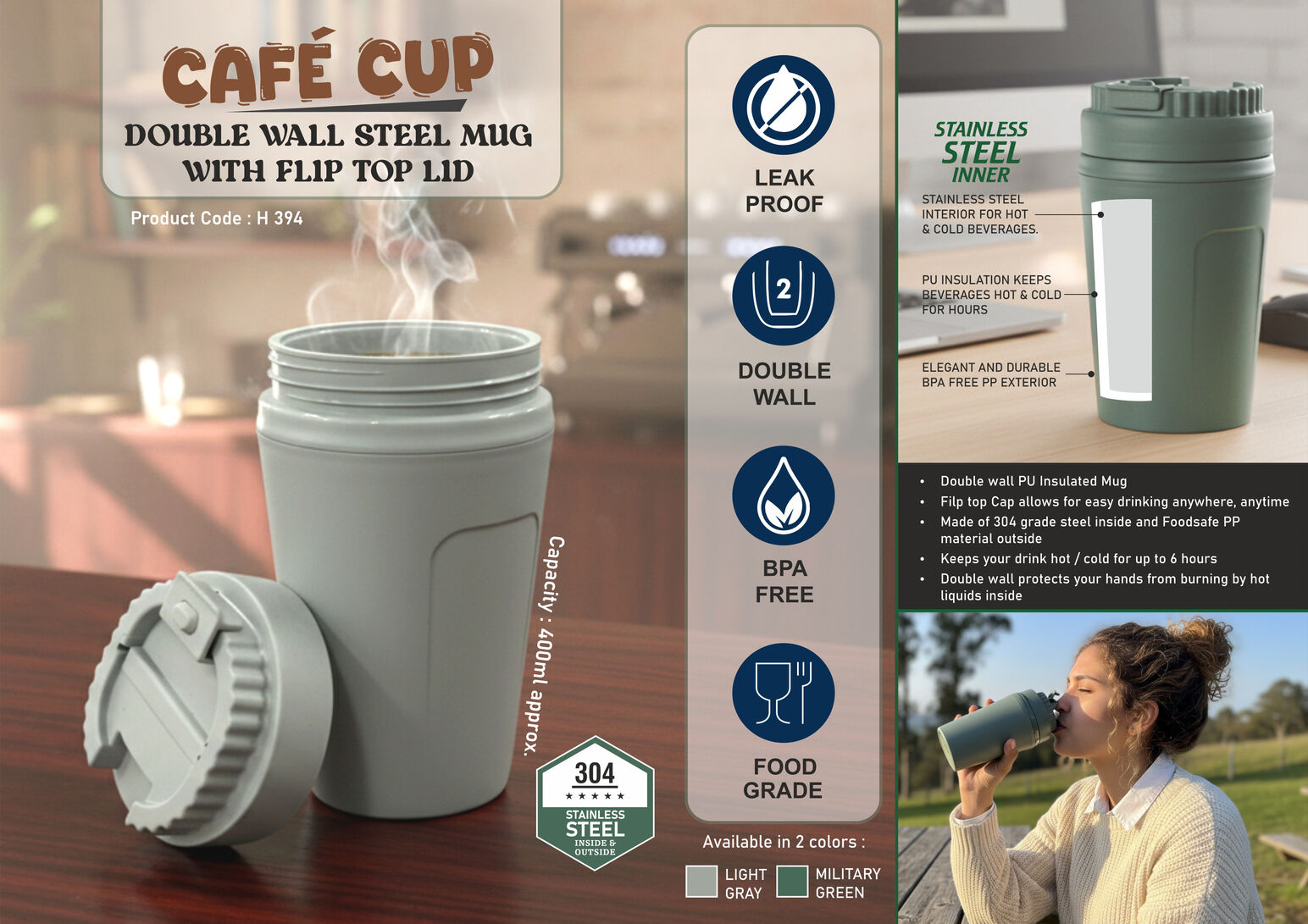Cafe Cup: Double wall Insulated Steel mug with flip top lid | Capacity 400ml approx
