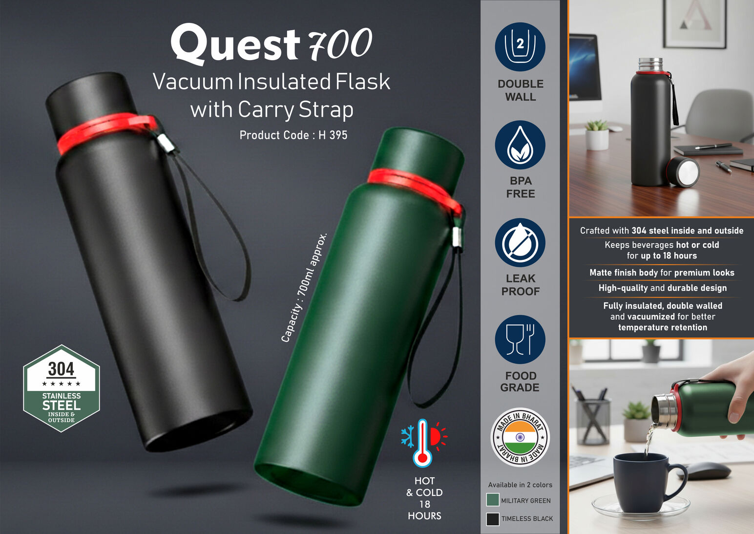 Quest 700: Vacuum Insulated Flask with Carry Strap | 304 steel inside & outside | 18 hours hot/cold | Metal plate on cap | Capacity 700ml approx