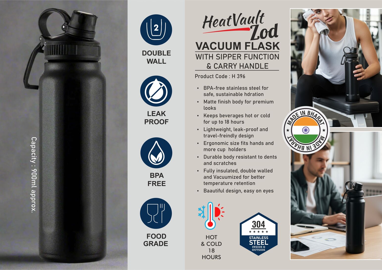 HeatVault Zod: Vacuum flask with Sipper function & Carry handle | 304 steel inside & outside | 18 hours hot/cold | Capacity 900ml approx