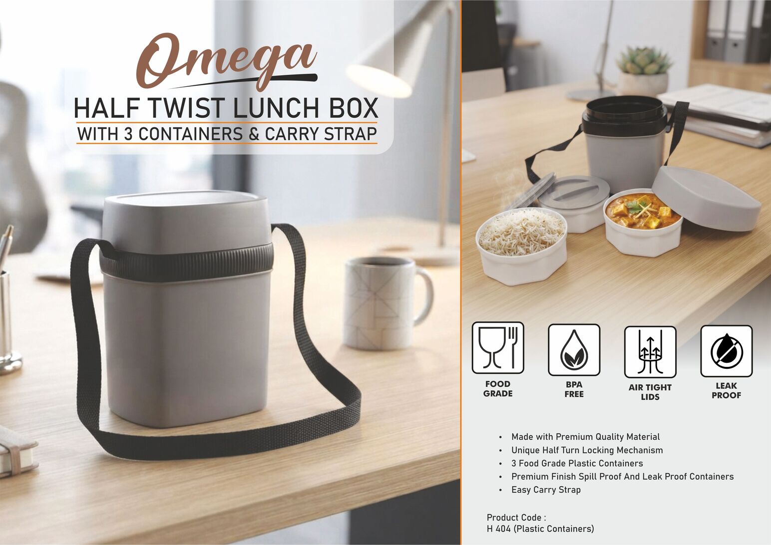 Omega: Half twist Lunch box | 3 Food safe plastic containers