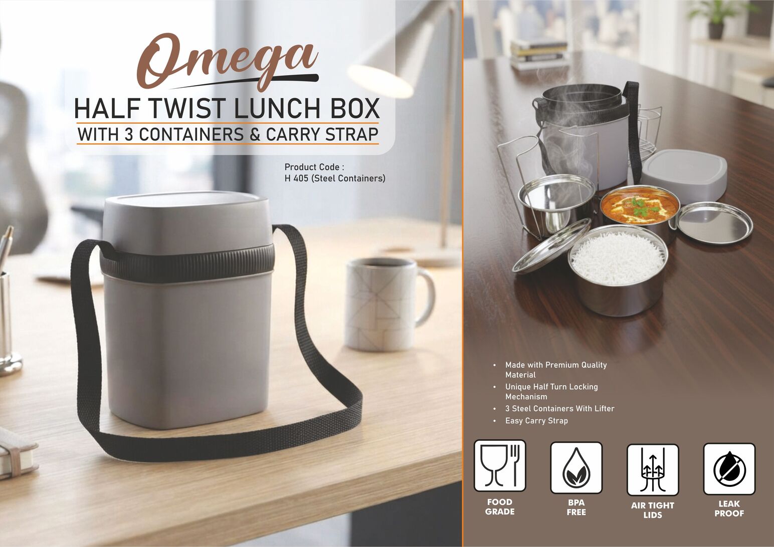 Omega Steel: Half twist Lunch box | 3 Stainless Steel containers
