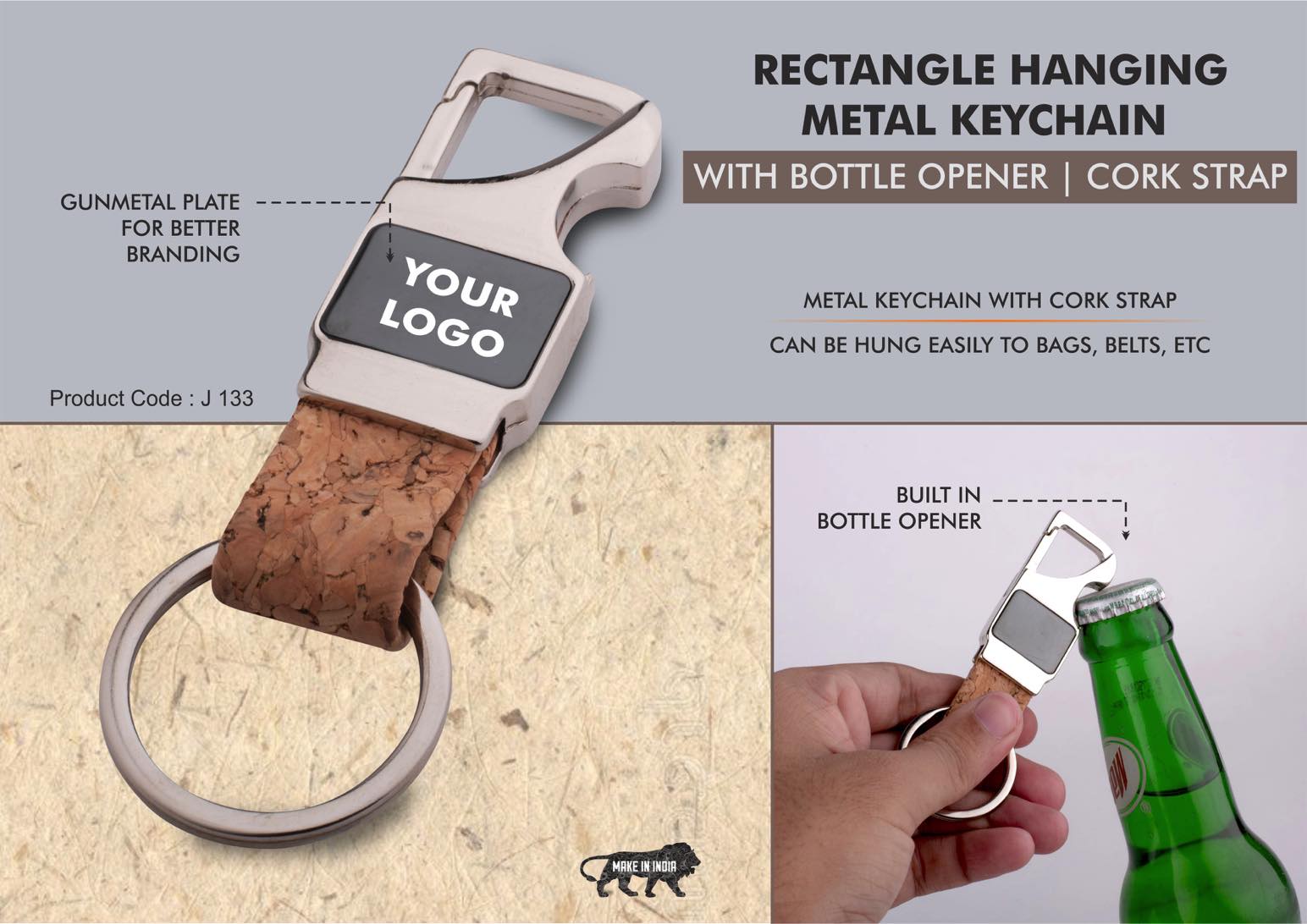 Rectangle hanging metal keychain with Bottle Opener | Cork strap