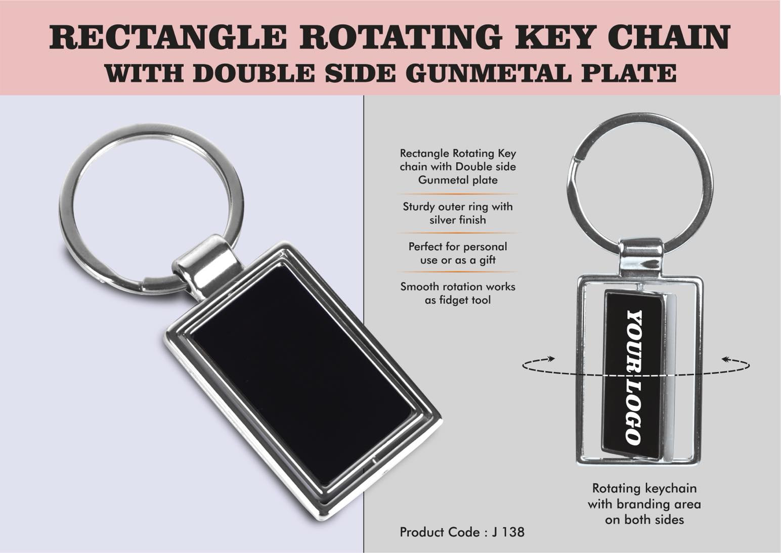 Rectangle Rotating Key chain with Double side Gunmetal plate