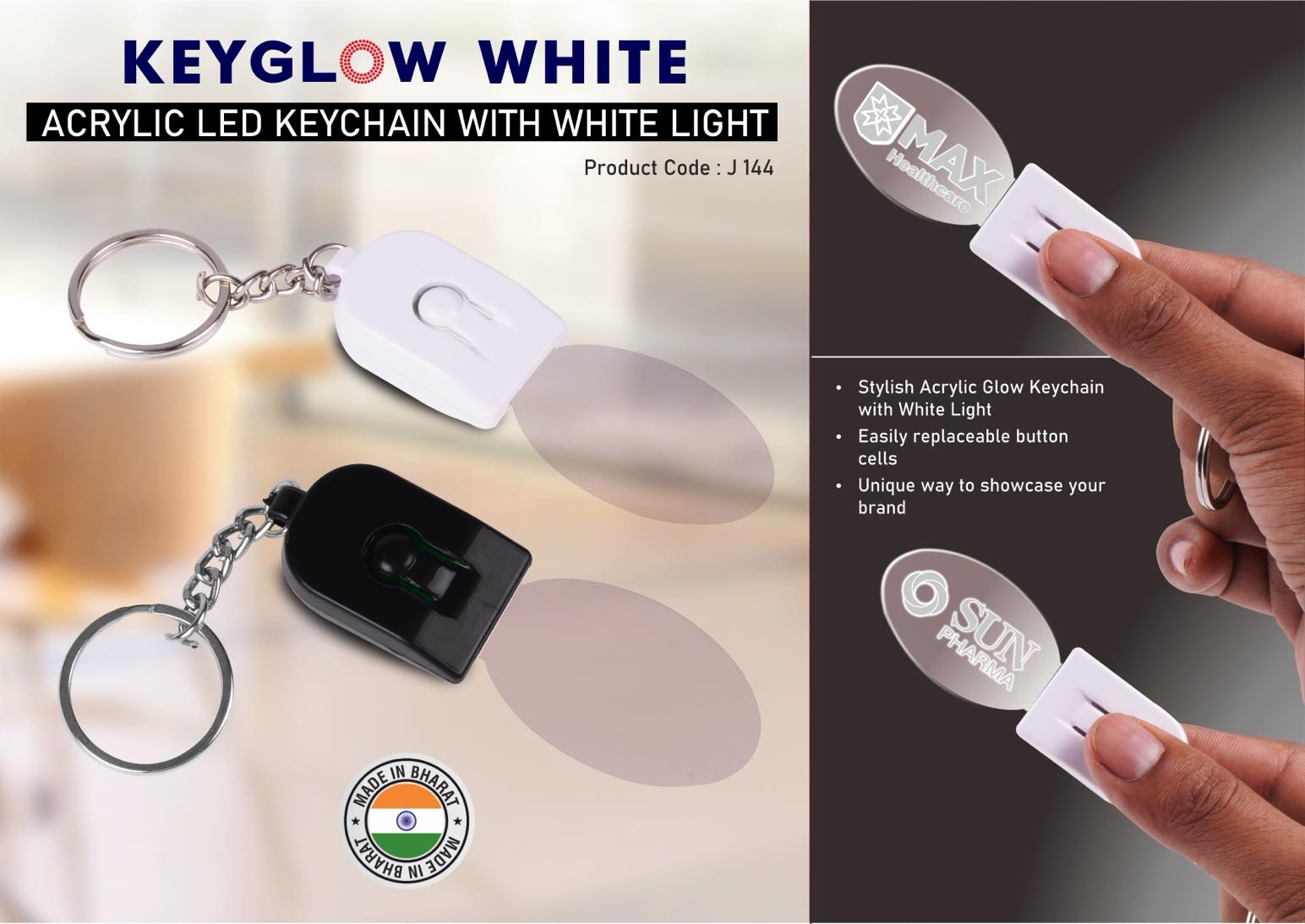 Keyglow White: Acrylic LED Keychain with White Light - Oval shape