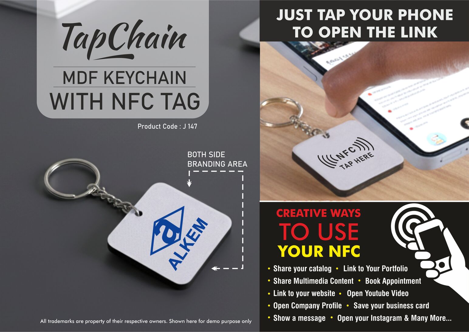 TapChain Square: Customized MDF Keychain with NFC Tag | Link to your Catalog, Website, Video, etc | Double side branding