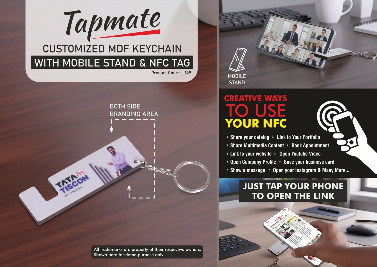 Tapmate: Customized MDF Keychain with Mobile stand & NFC Tag | Link to your Catalog, Website, Video, etc | Double side branding