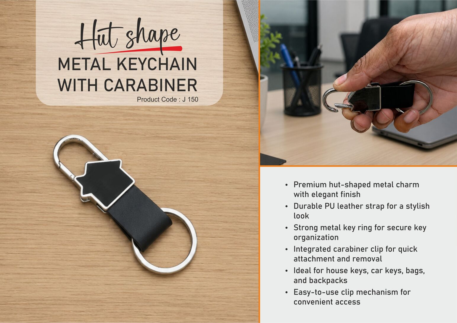 Hut shape metal keychain with carabiner | PU strap with ring