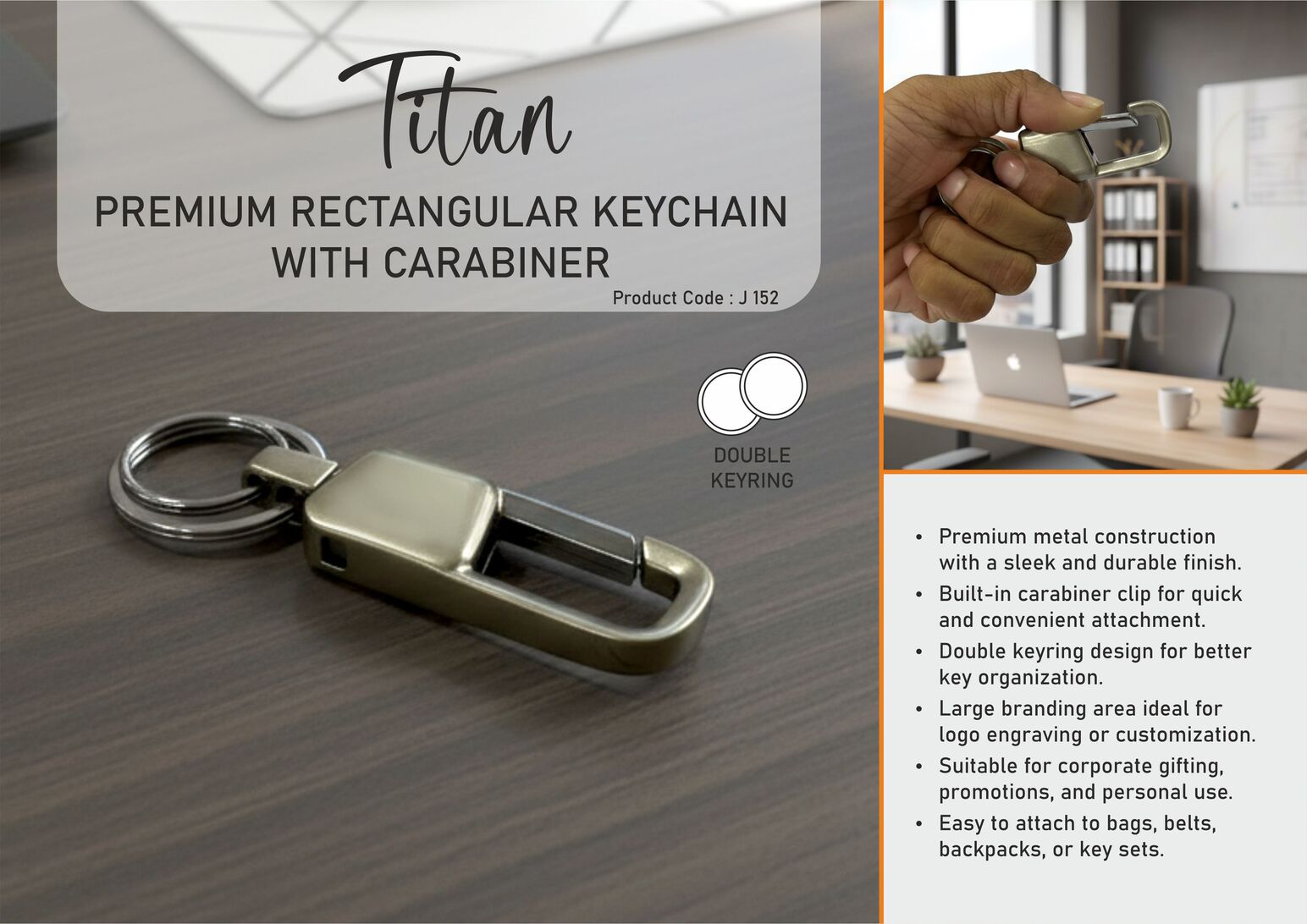 Titan: Premium rectangular keychain with carabiner | Double keyring | Large branding area