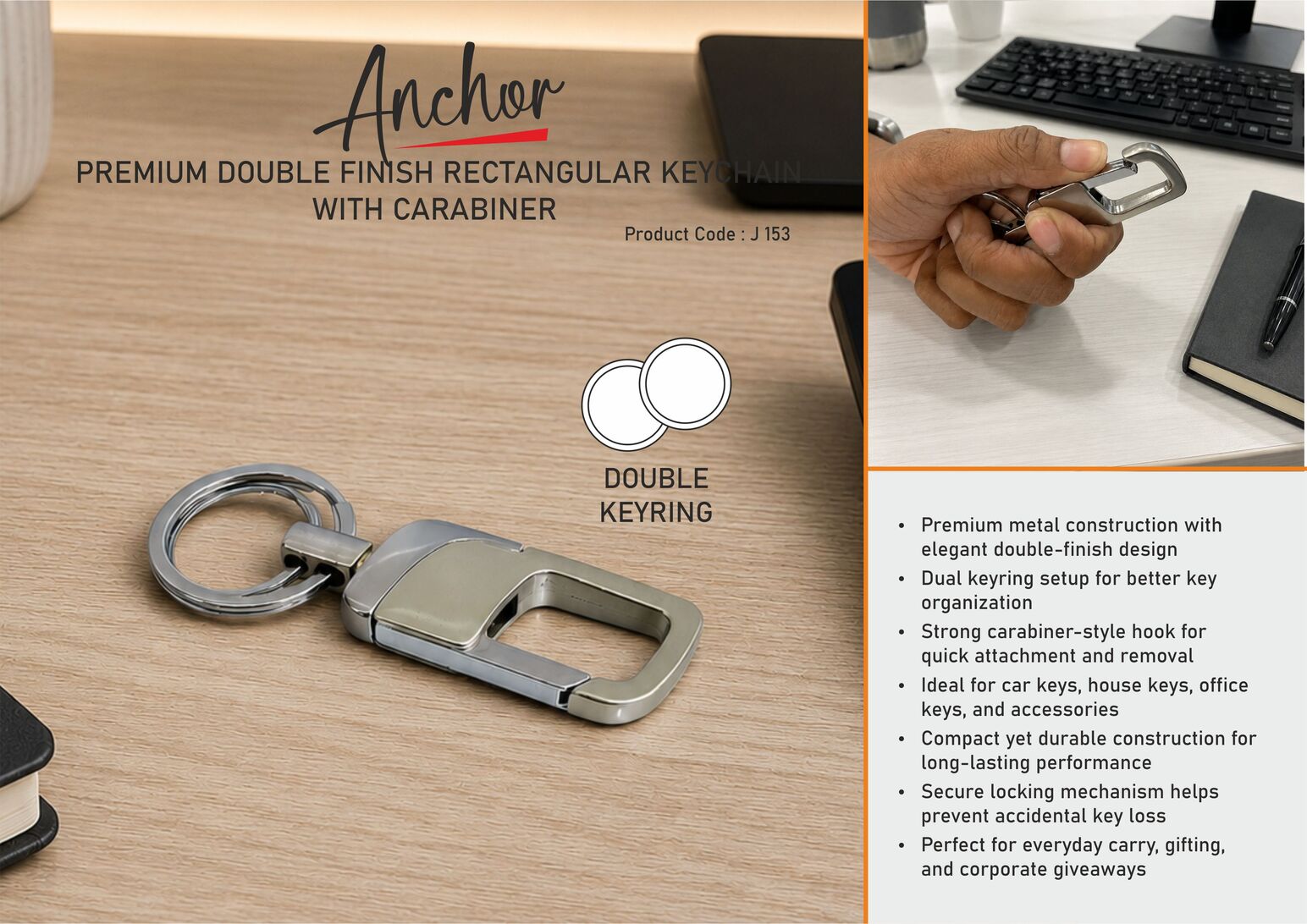 Anchor: Premium double finish rectangular keychain with carabiner | Double keyring