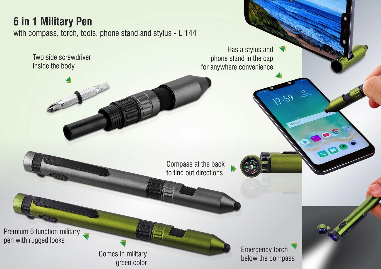 6 in 1 Military pen with compass, torch, tools, phone stand and stylus