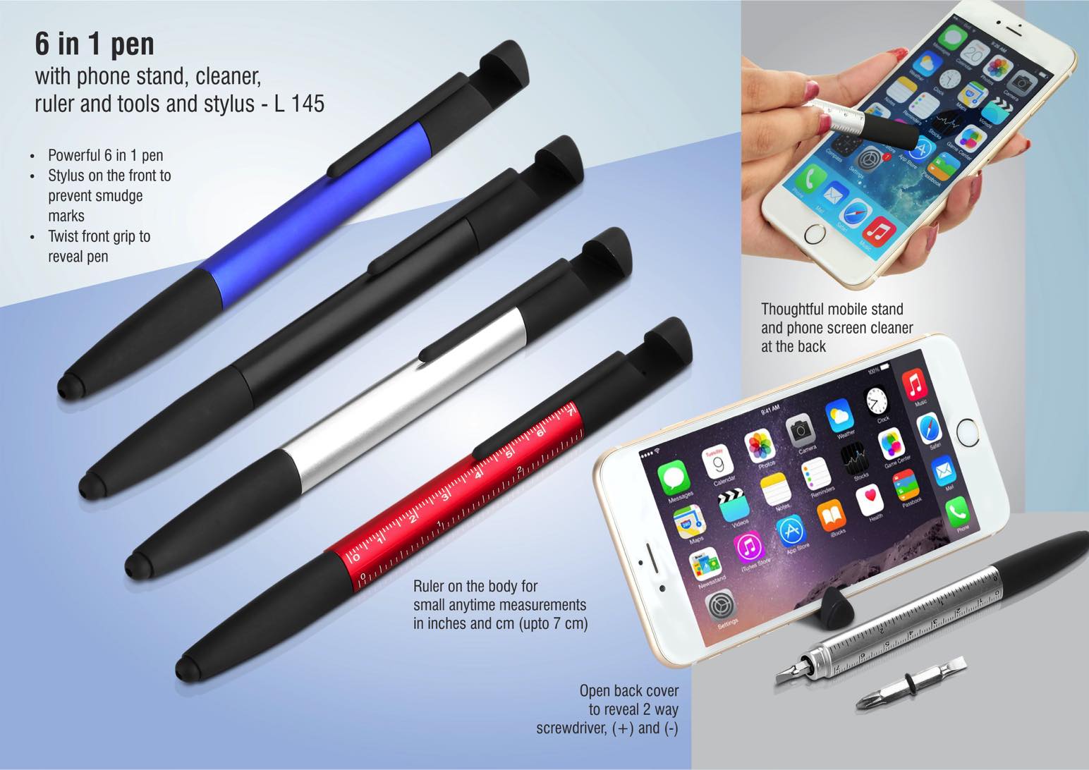 6 in 1 pen with phone stand, cleaner, ruler, tools and stylus