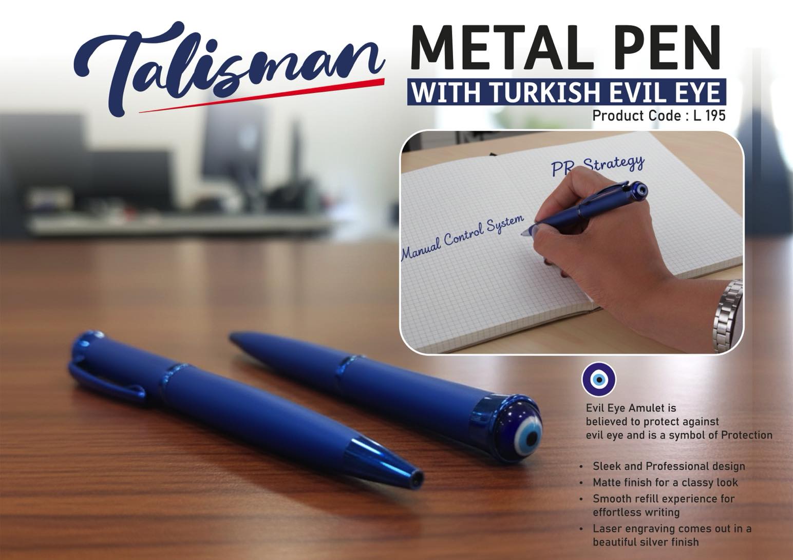 Talisman: Metal Pen with Turkish Evil eye | Protects against bad omen