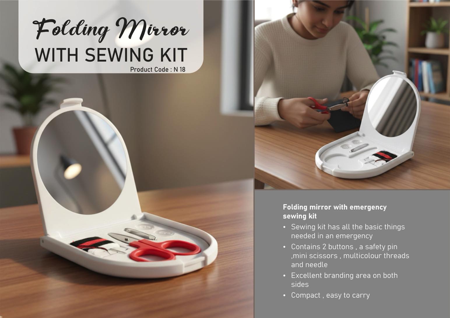 Folding mirror with sewing kit