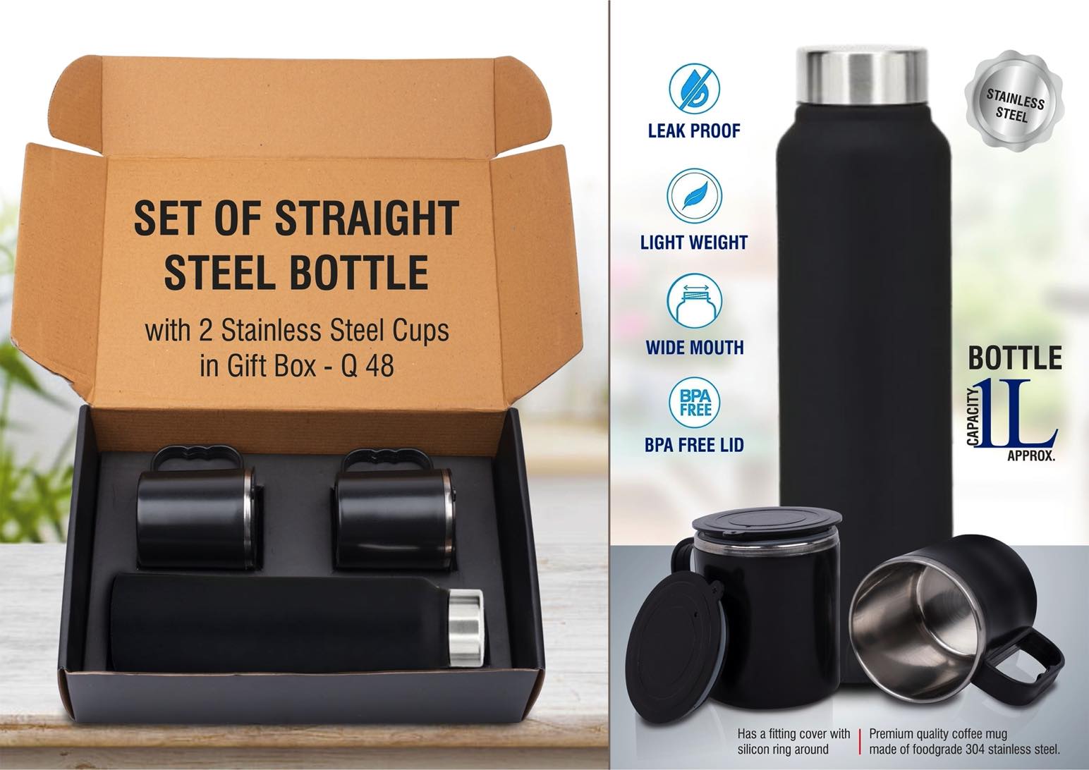 Set of Black Stainless Steel Bottle with 2 Stainless steel cups in Gift box | Bottle capacity 1L approx