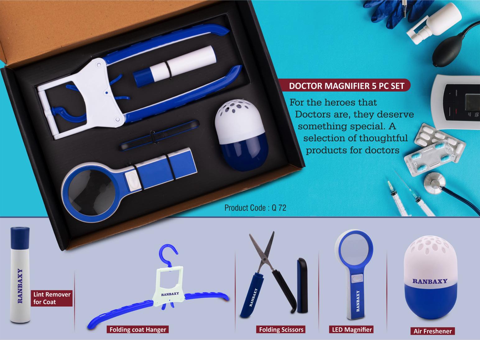 Doctor Magnifier set: Folding Coat hanger, Lint remover, Folding scissors, LED Magnifier, Capsule shape Air freshener | 5 pc set