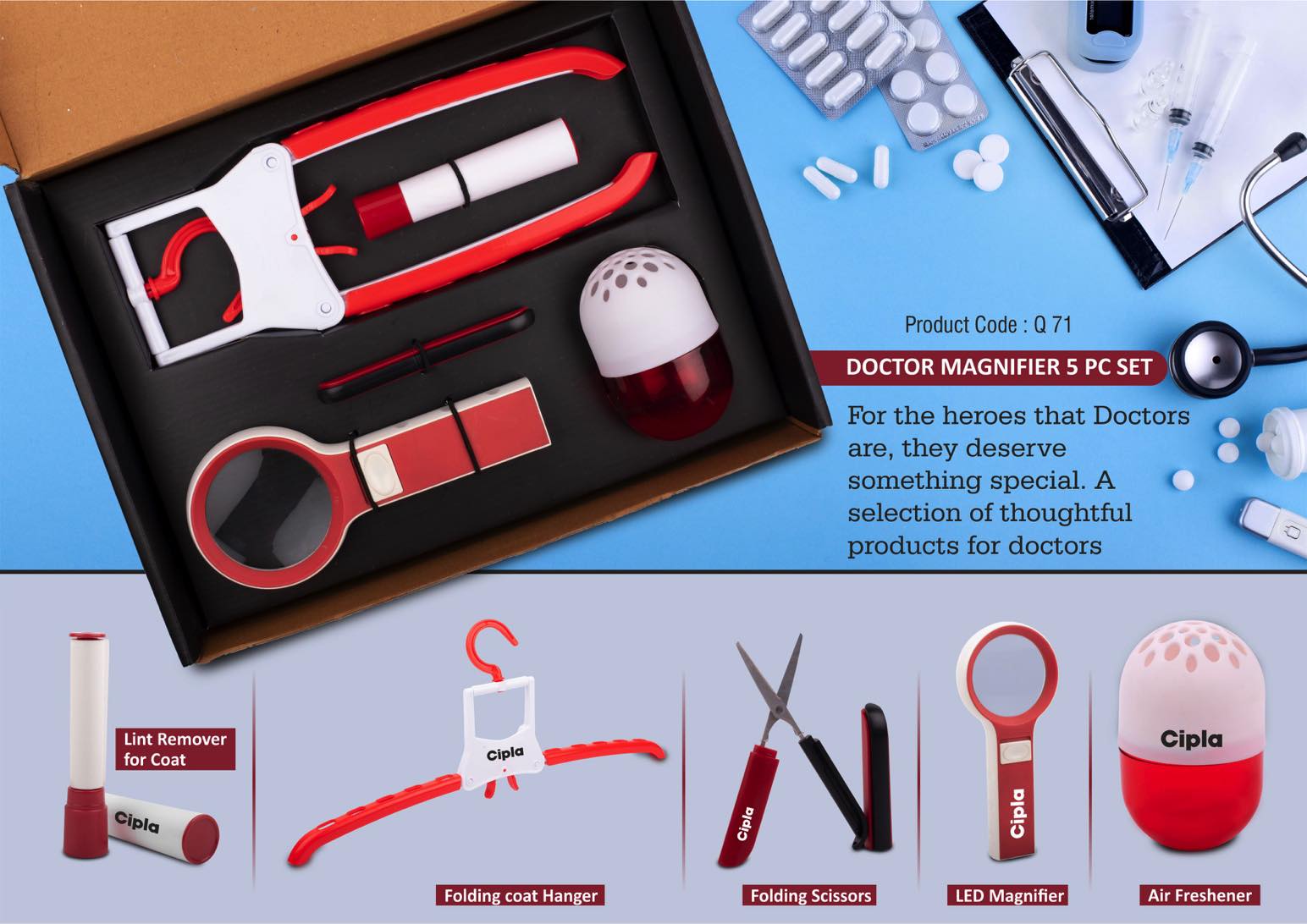 Doctor Magnifier set: Folding Coat hanger, Lint remover, Folding scissors, LED Magnifier, Capsule shape Air freshener | 5 pc set