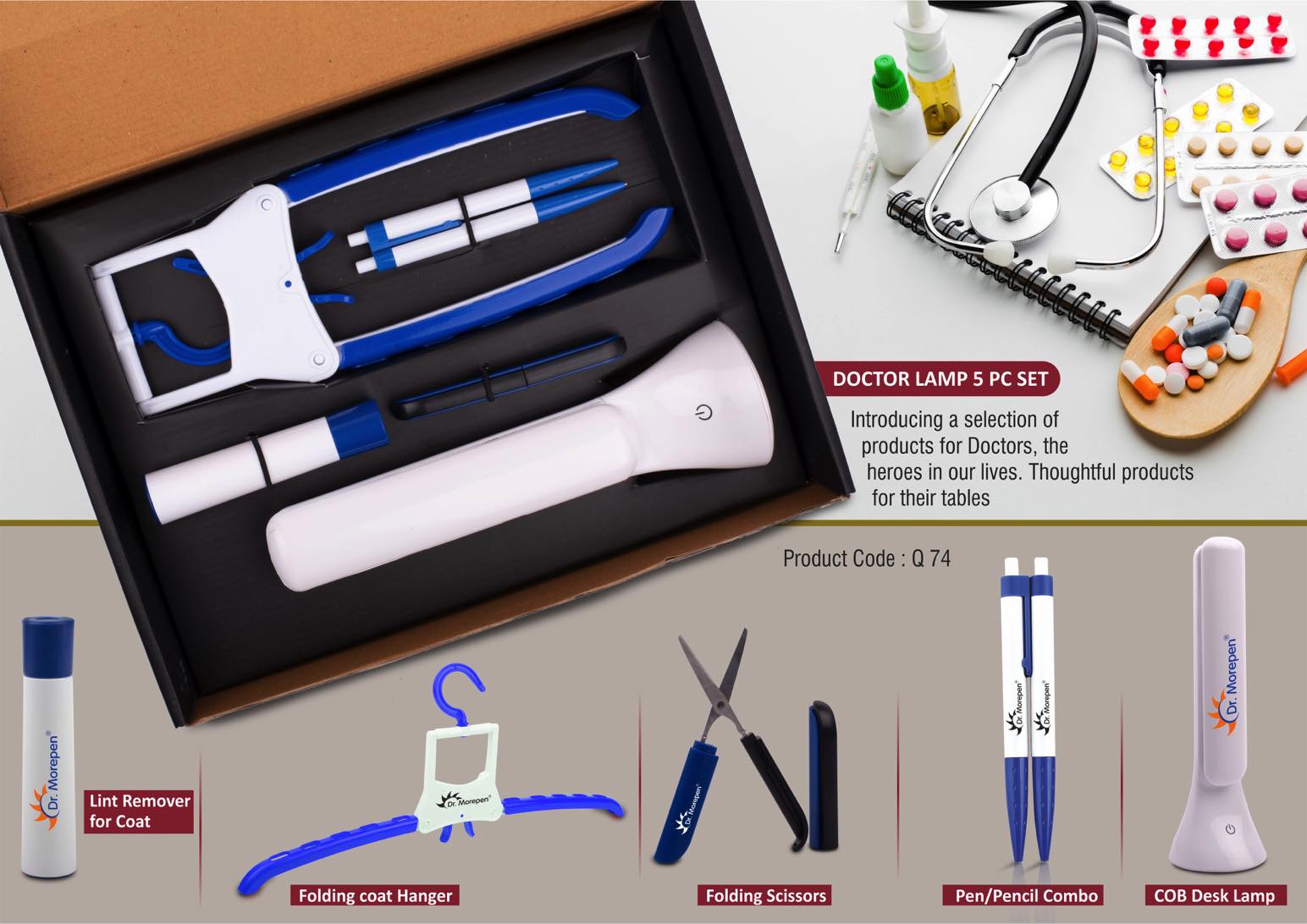 Doctor Lamp set: Folding Coat hanger, Lint remover, Folding scissors, Pen/Pencil combo, COB Desk lamp | 5 pc set