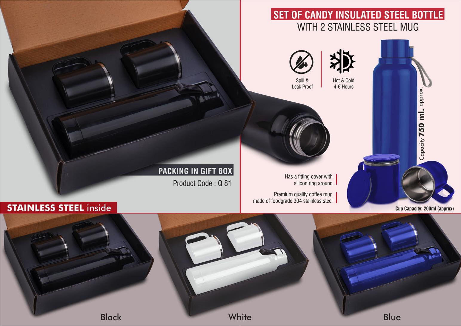 Set of Candy Insulated Steel Bottle with 2 Stainless Steel cups in Gift box | Keeps hot/cold up to 6 hours | Exclusive blister packing