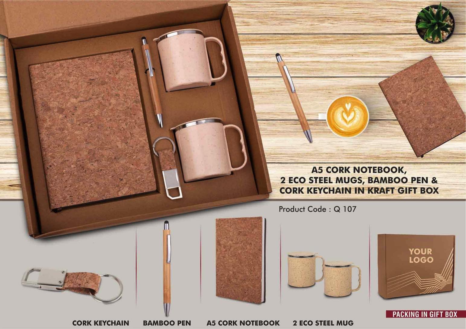 EcoSet 3: Set of A5 Cork notebook, Bamboo 304 Steel Vacuum Flask, Bamboo Pen & Cork Keychain in Kraft Gift Box