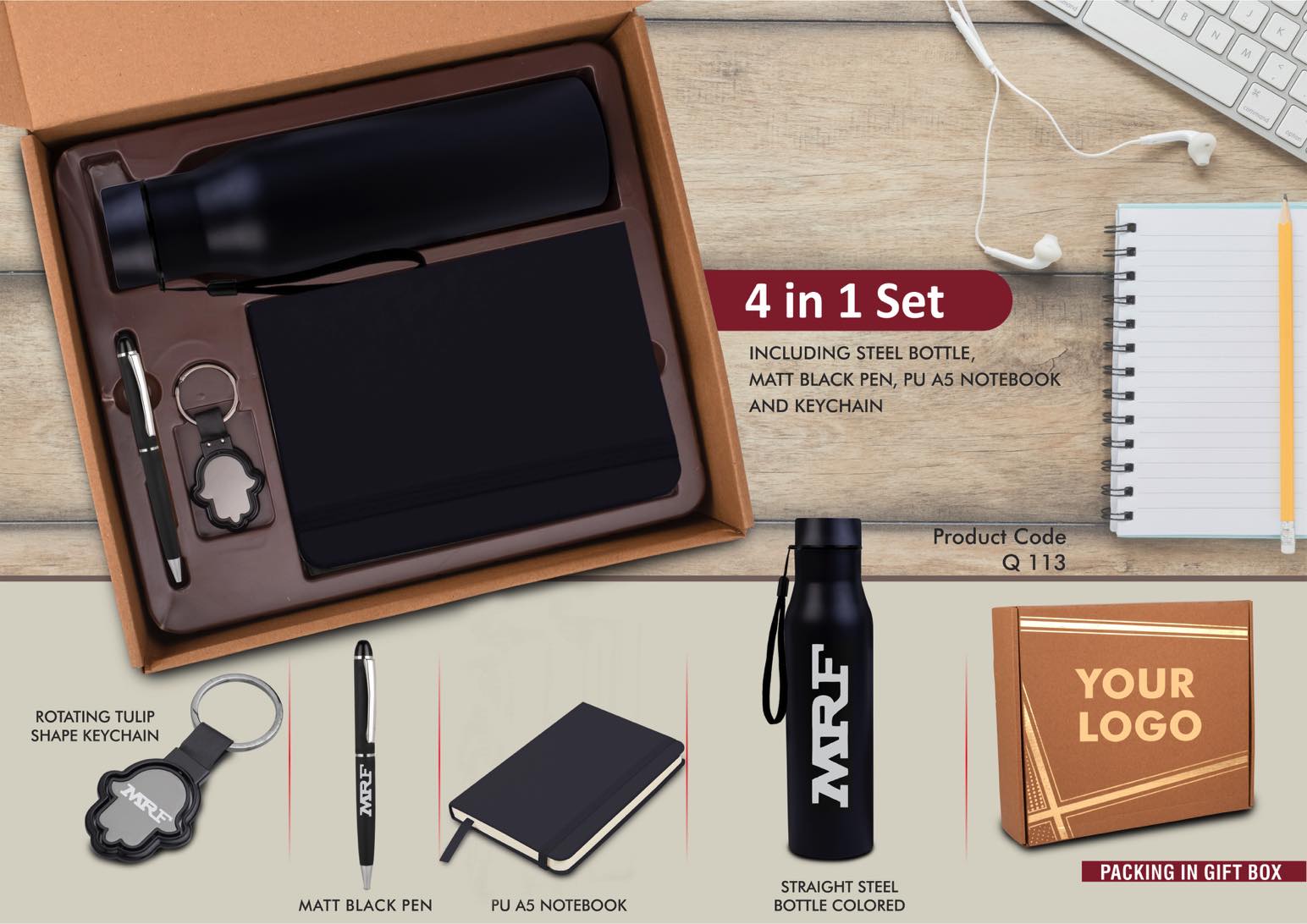 4 in 1 Black set: Tulip shape Keychain, SS Bottle, Metal Pen and A5 PU notebook in Kraft Gift Box