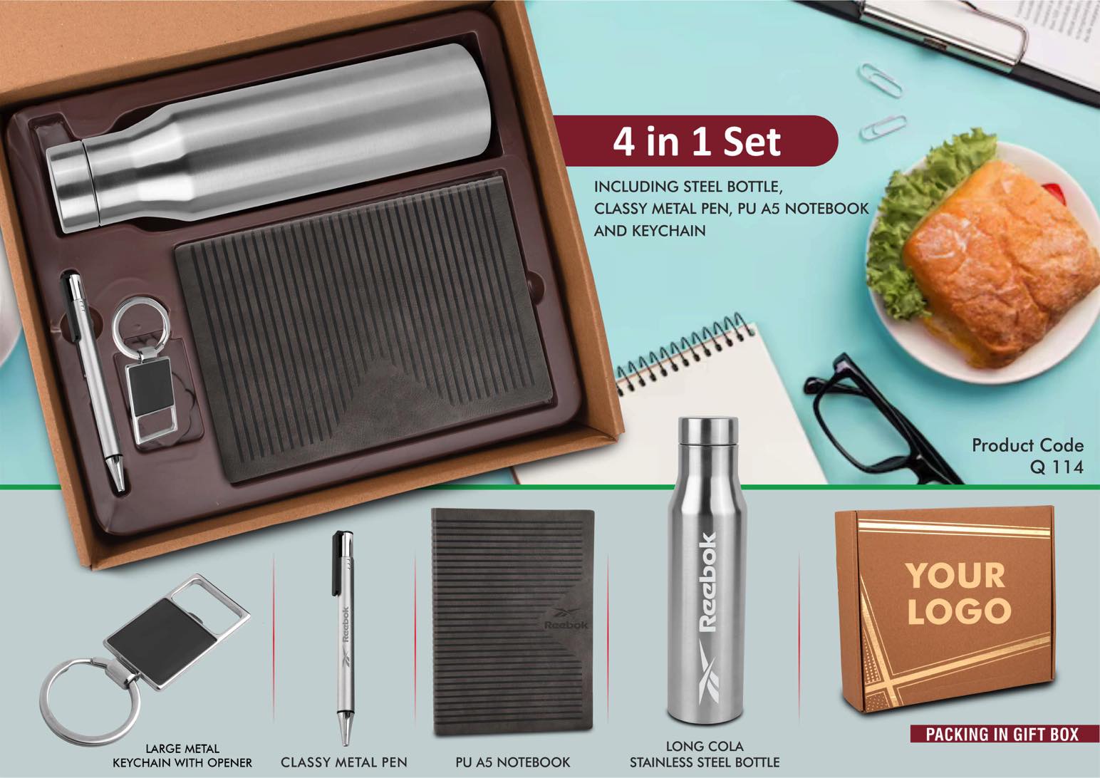 4 in 1 Gray set: Metal keychain, SS bottle, Metal Pen and A5 PU notebook in Kraft Gift Box