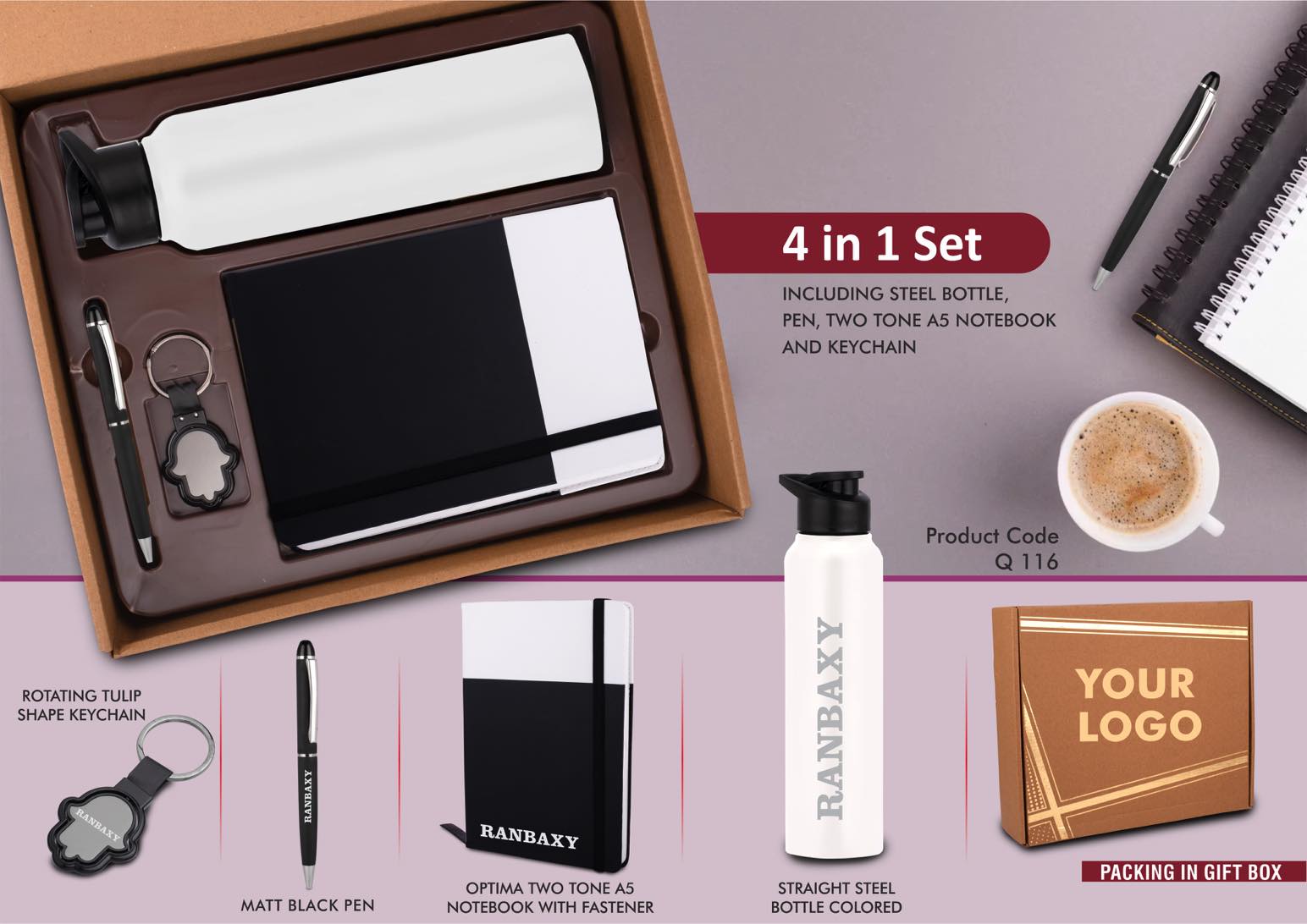 4 in 1 Dual Tone set: Tulip shape Keychain, SS colored bottle, Metal Pen and A5 PU notebook in Kraft Gift Box