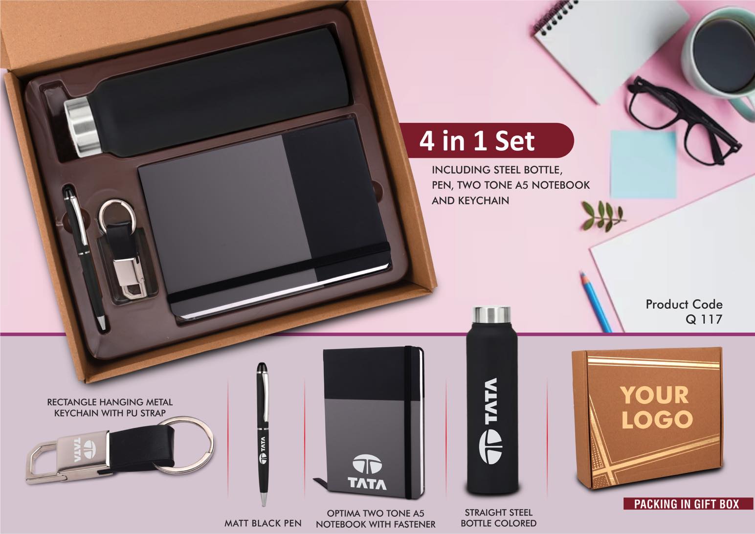 4 in 1 Dual Tone set: Rectangle metal keychain, SS colored bottle, Metal Pen and A5 PU notebook in Kraft Gift Box