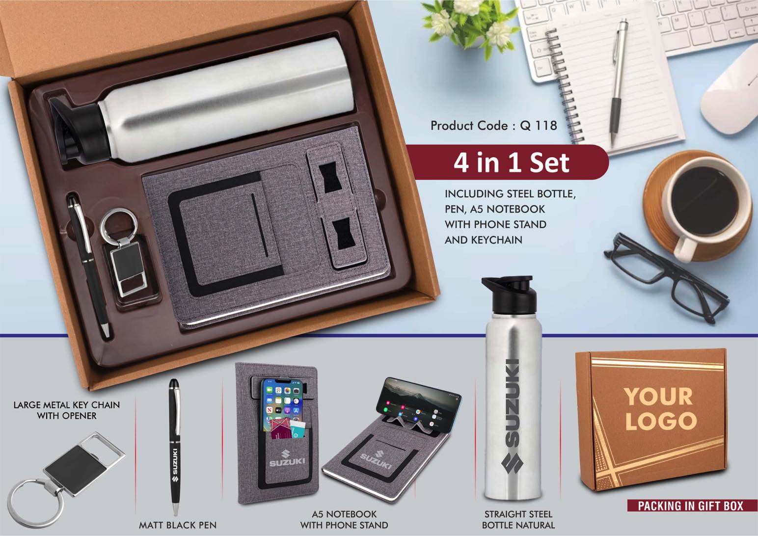 4 in 1 Gray set: Metal Keychain, SS natural bottle, Metal Pen and 4 in 1 notebook in Kraft Gift Box