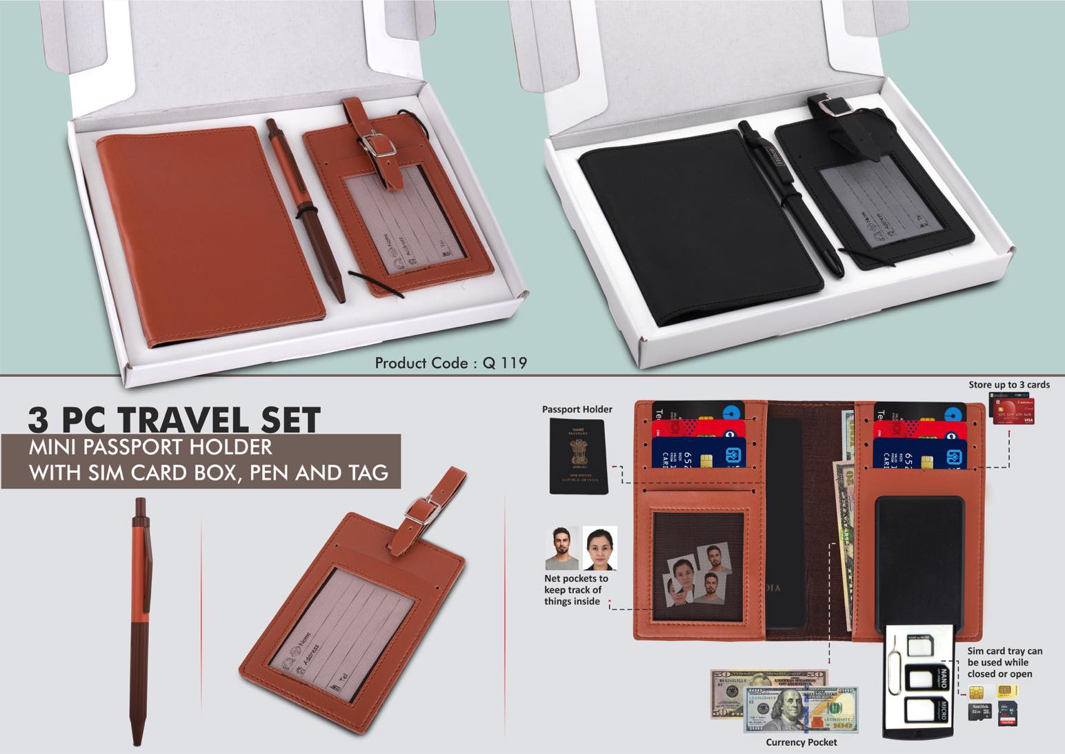 3 pc Travel set: Mini Passport holder with Sim card box, Luggage tag & Metal Pen in Gift box