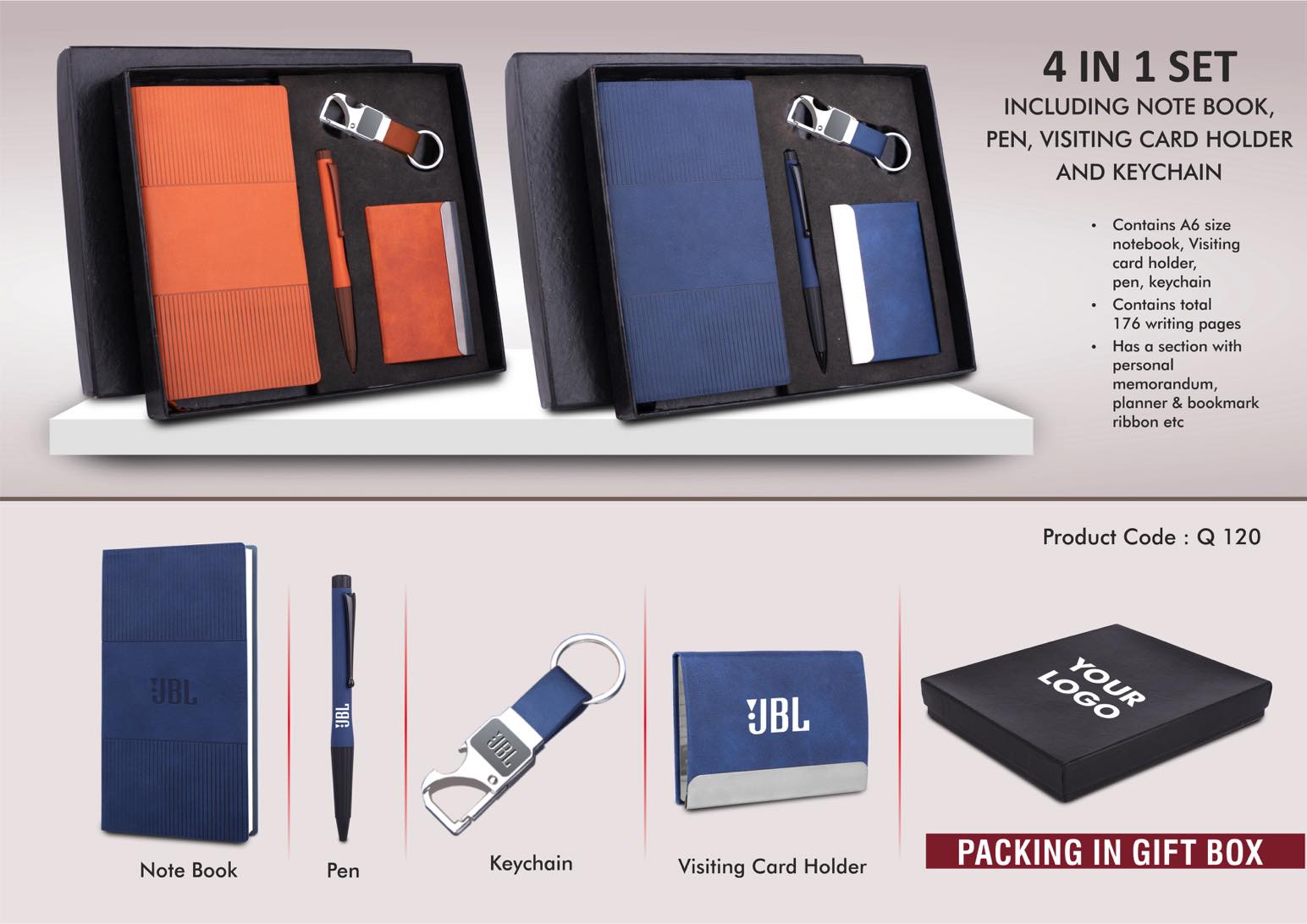 4 pc Notebook Set: A6 size notebook, Metal Pen, Loop Keychain & Visiting card holder in Gift box