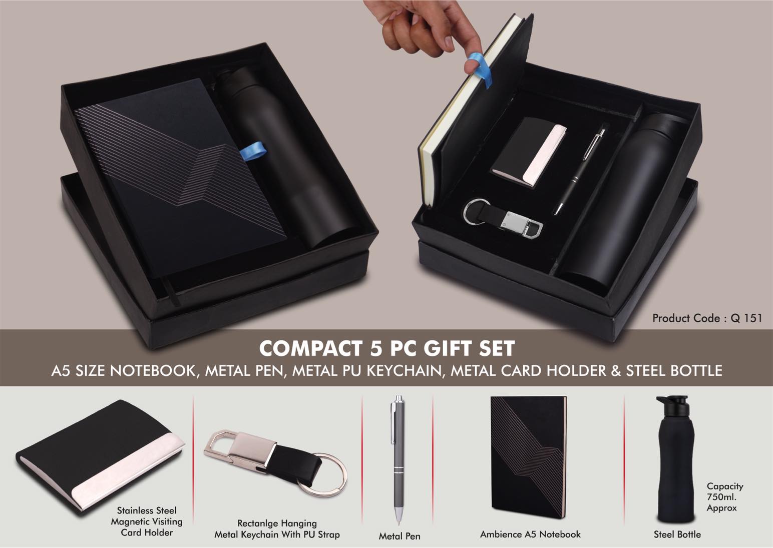 Compact 5 Pc Black Gift Set: A5 Size Notebook, Metal Pen, Metal Pu Keychain, Metal Card Holder & Straight Steel Bottle