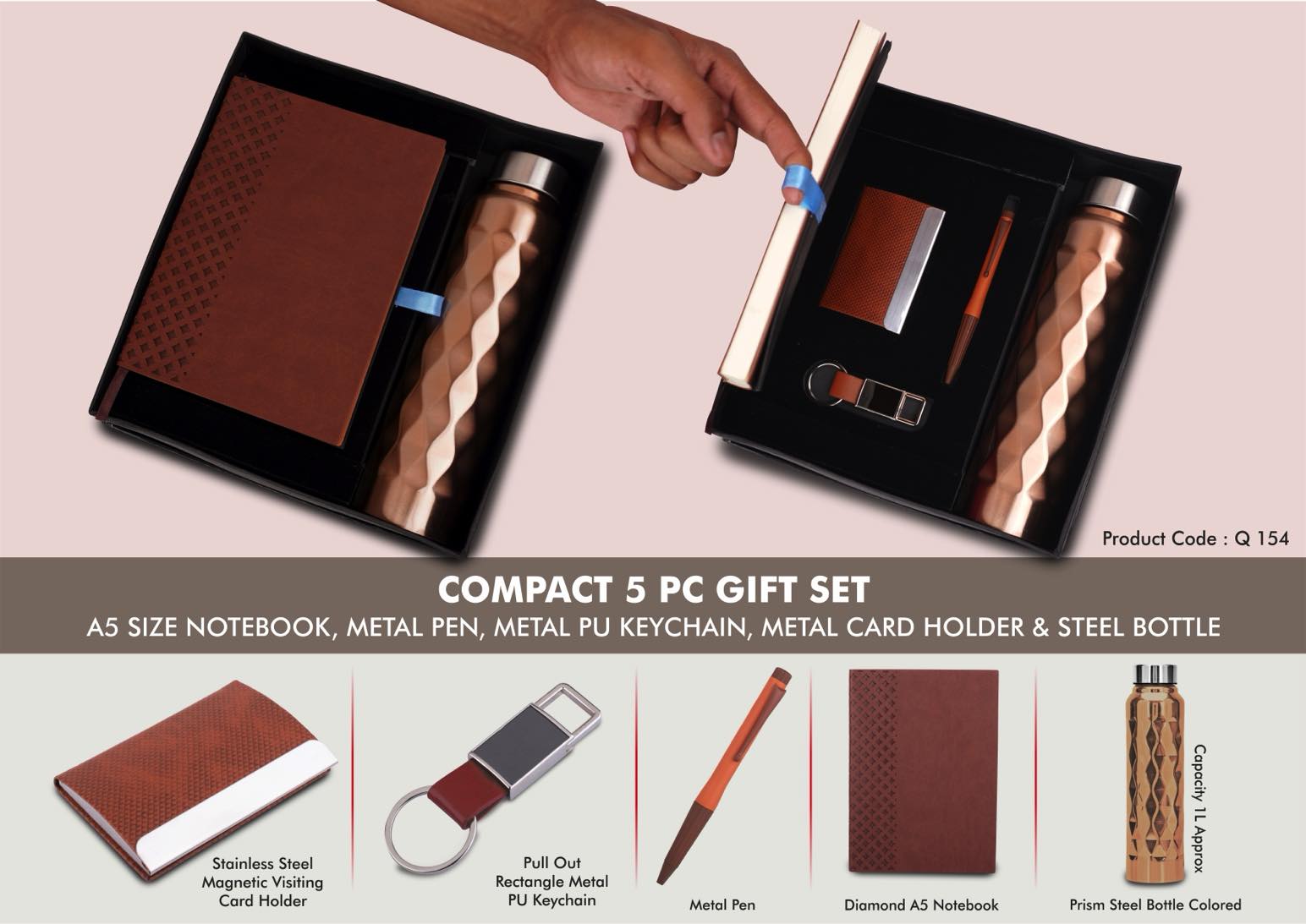 Compact 5 Pc Tan Gift Set: A5 Size Notebook, Metal Pen, Metal Pu Keychain, Metal Card Holder & Prism Steel Bottle