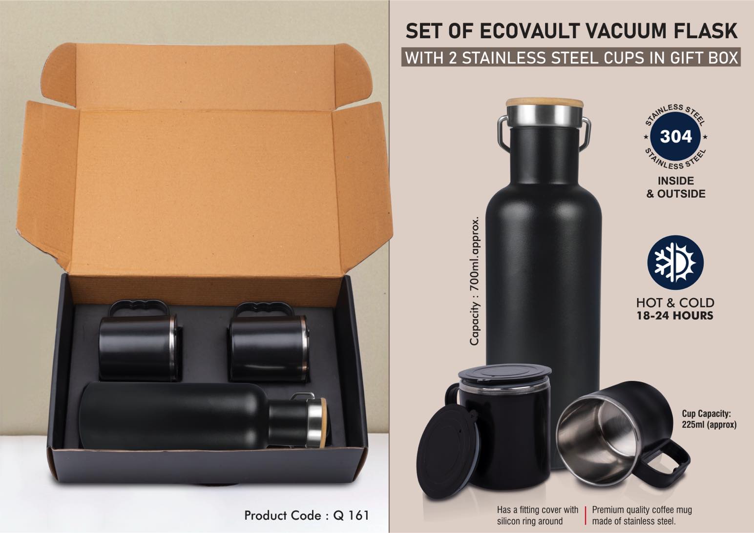 Set of EcoVault Vacuum Flask with 2 Stainless steel cups in Gift box