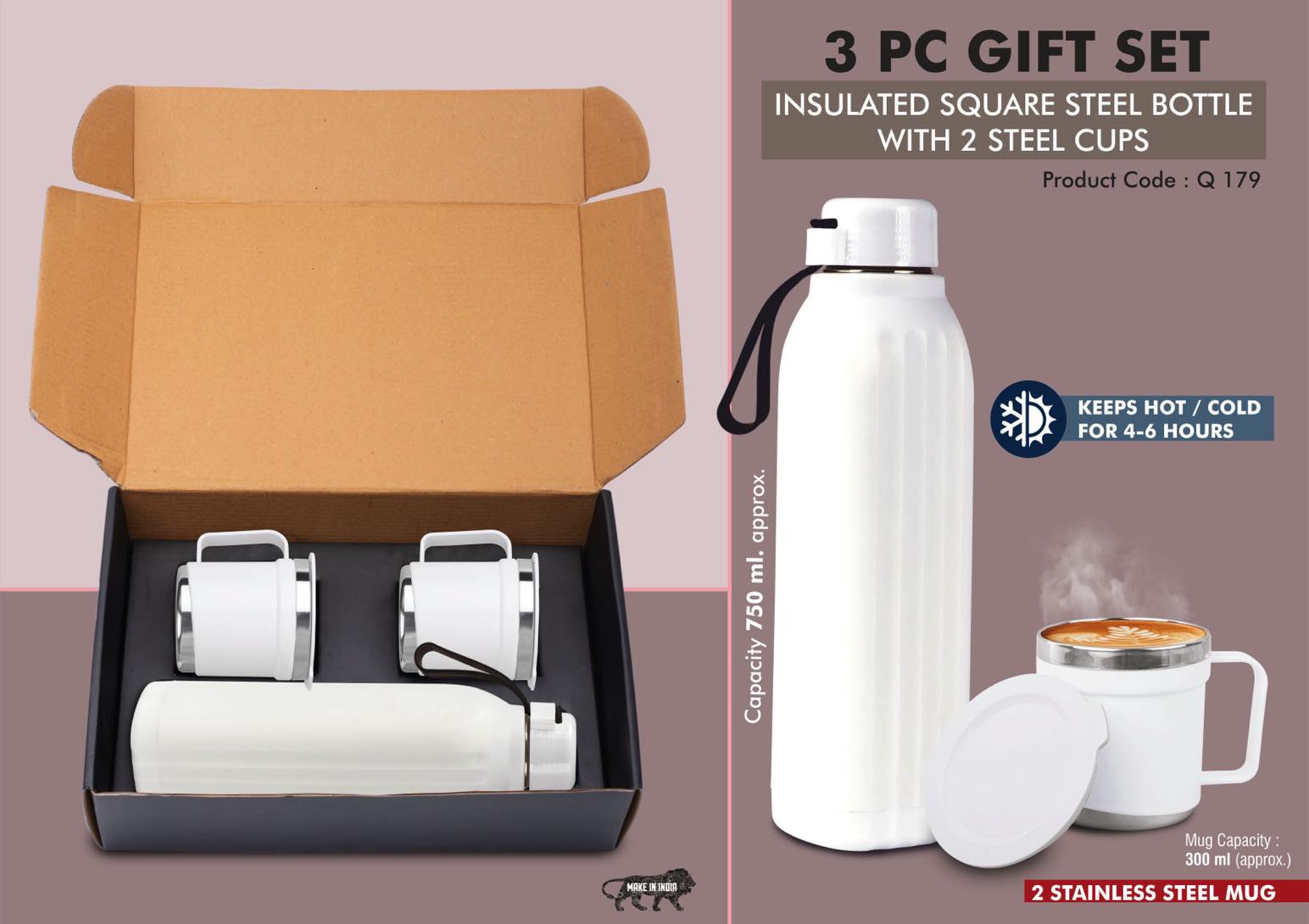 3 pc Gift Set : Insulated Hexa Steel bottle with 2 Steel cups | Keeps hot for 4-6 hours