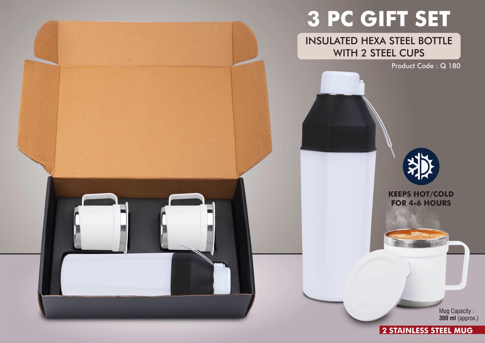 3 pc Gift Set : Insulated Square Steel bottle with 2 Steel cups | Keeps hot for 4-6 hours