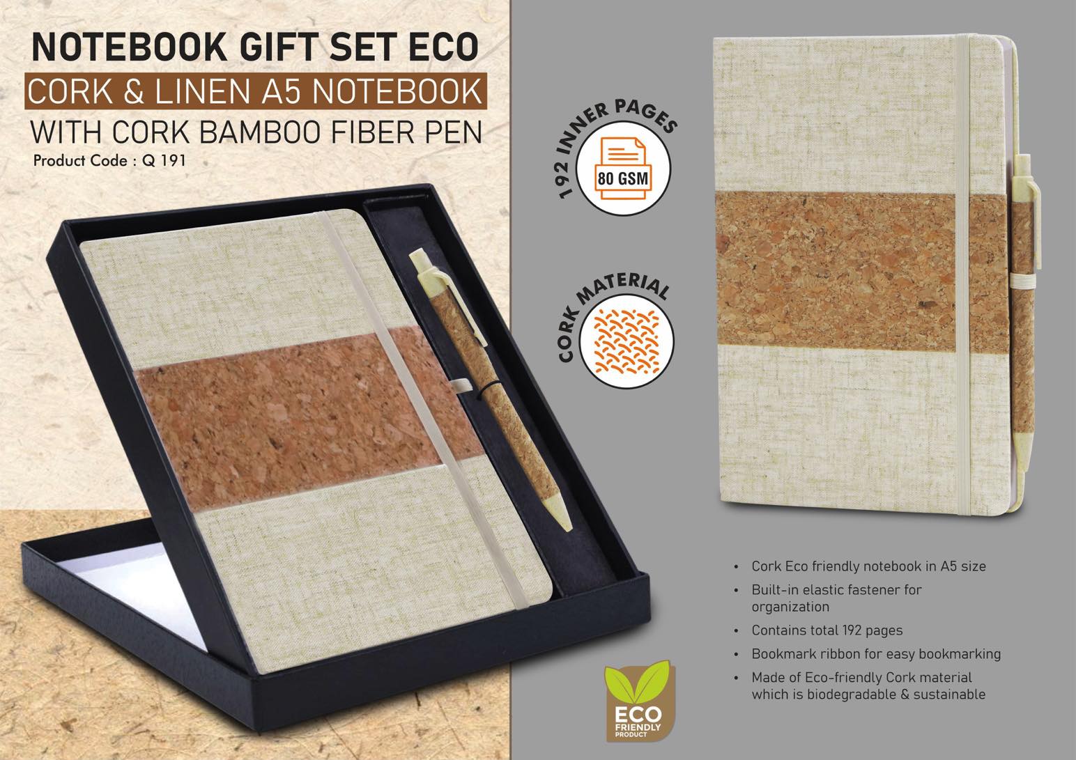 Notebook Gift set Eco: Cork & Linen A5 Notebook With Cork Bamboo Fiber Pen