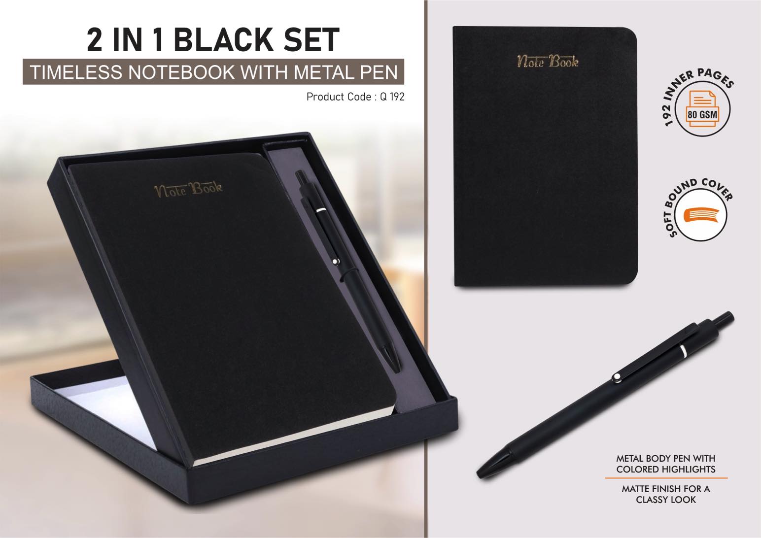 2 in 1 Black Set: Timeless notebook with Metal Pen in Folding Cardboard Box