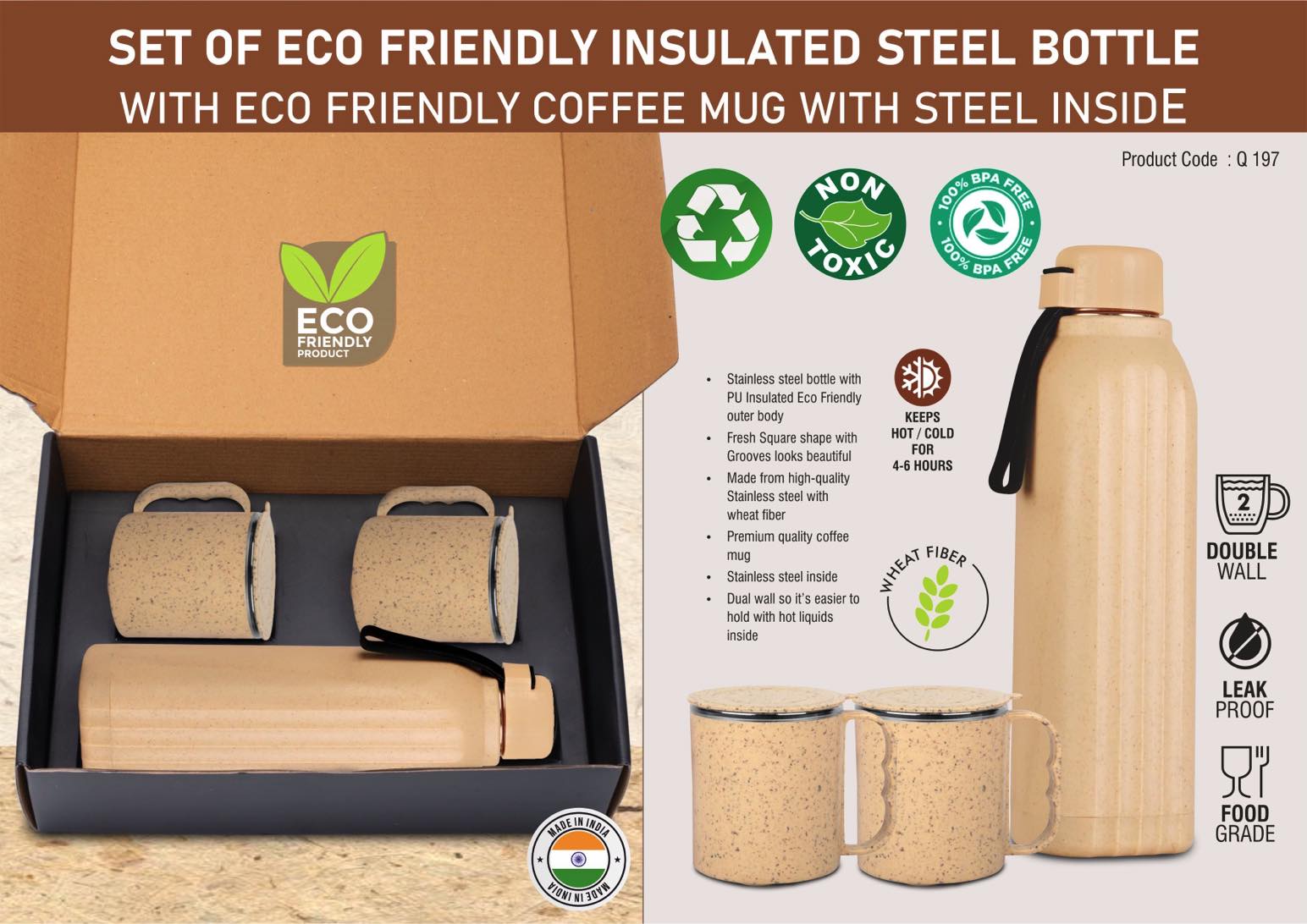 3 pc Eco Gift Set : Insulated Square Eco Steel bottle with 2 Eco Steel cups | Keeps hot for 4-6 hours