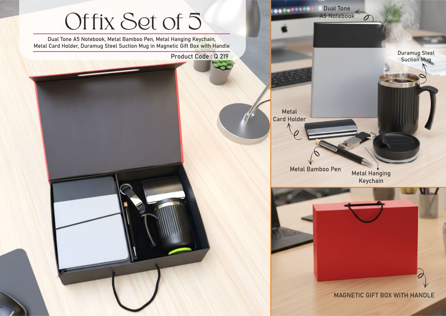 Offix Set of 5: Dual Tone A5 Notebook, Metal Bamboo Pen, Metal Hanging Keychain, Metal Card Holder, Duramug Steel Suction Mug in Magnetic Gift Box with Handle