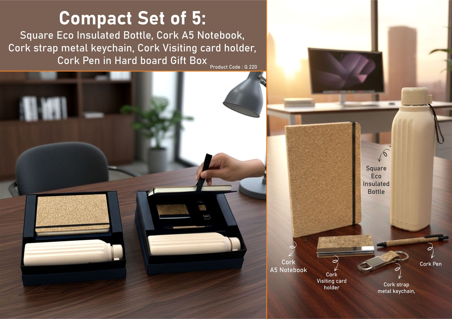 Compact Set of 5: Square Eco Insulated Bottle, Cork A5 Notebook, Cork strap metal keychain, Cork Visiting card holder, Cork Pen in Hard board Gift Box